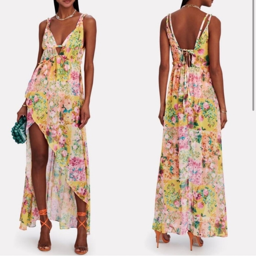 For Love & Lemons Floral Sheer Chiffon Madison Asymmetric Maxi Summer Dress‎